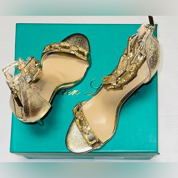 LAUREN LORRAINE GOLD RHINESTONES OPEN CHAIN ANKLE STRAP WOMEN SANDALS SIZE 5.5 M - Picture 10 of 13